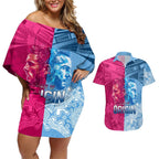 Custom New South Wales and Queensland Couples Matching Off Shoulder Short Dress and Hawaiian Shirt Rugby Mascot With Sporty Style
