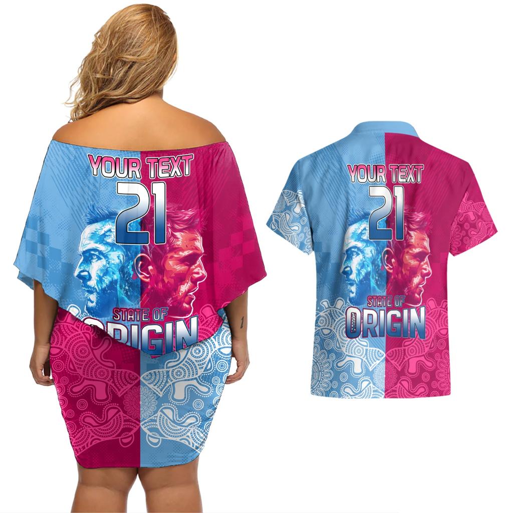 Custom New South Wales and Queensland Couples Matching Off Shoulder Short Dress and Hawaiian Shirt Rugby Mascot With Sporty Style
