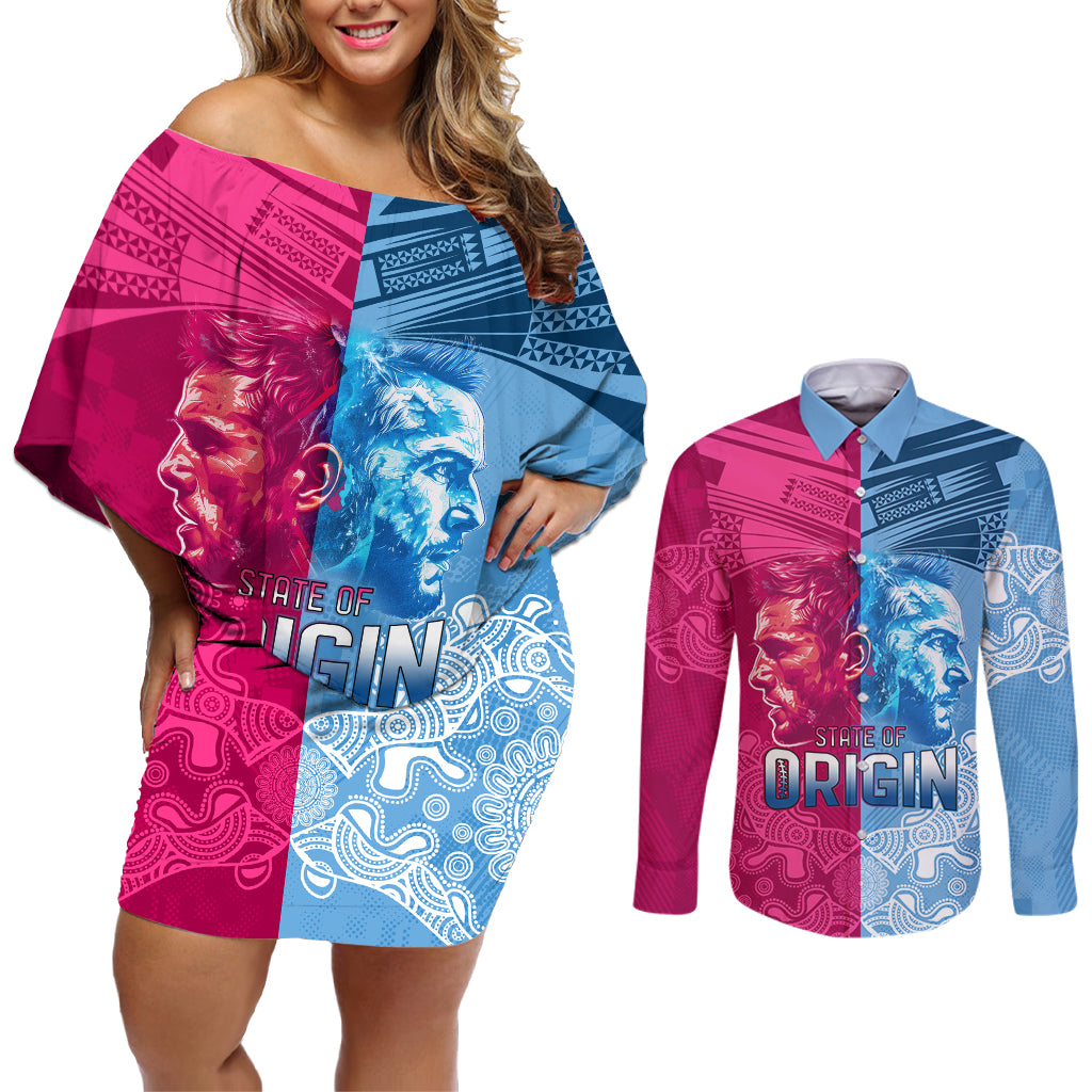 Custom New South Wales and Queensland Couples Matching Off Shoulder Short Dress and Long Sleeve Button Shirt Rugby Mascot With Sporty Style