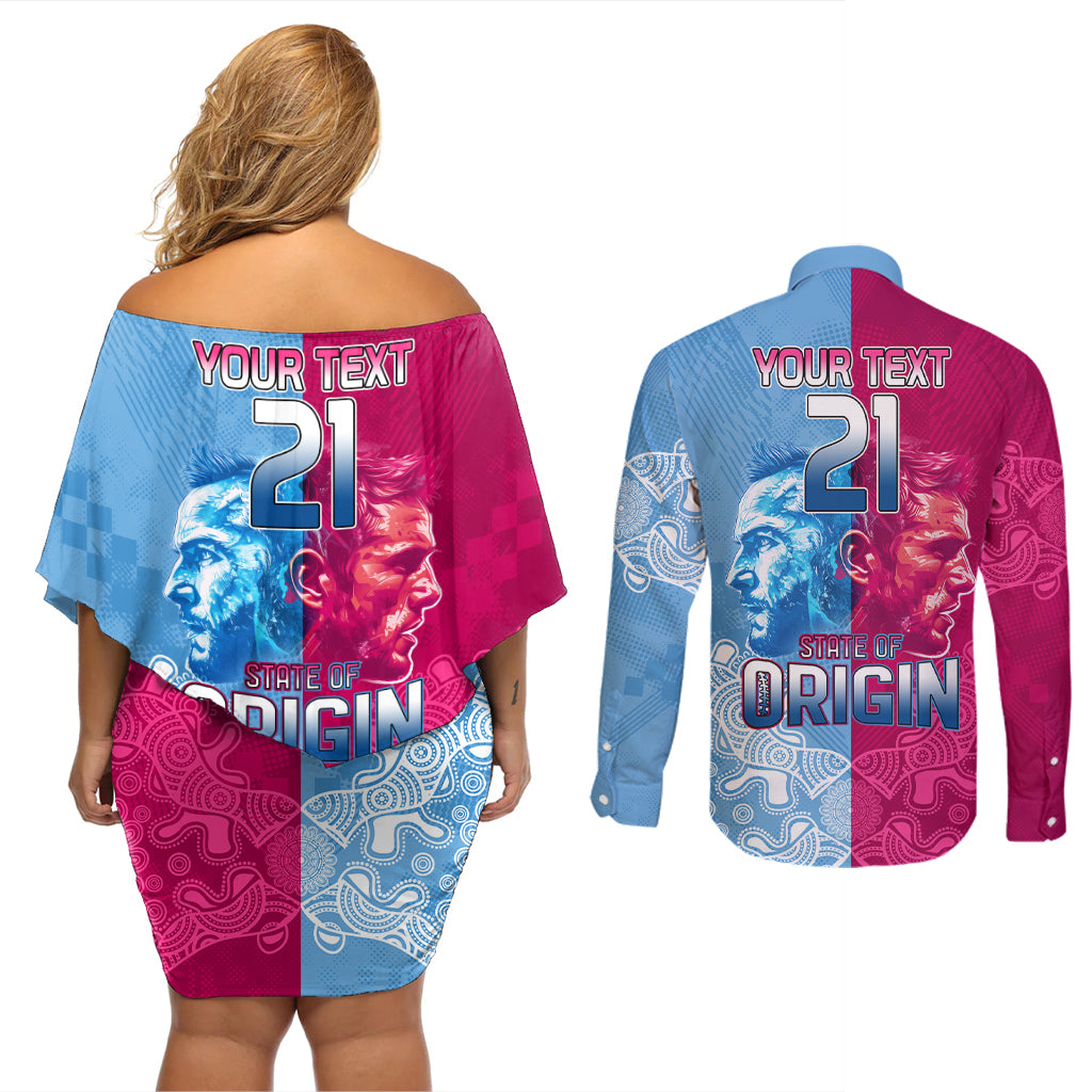 Custom New South Wales and Queensland Couples Matching Off Shoulder Short Dress and Long Sleeve Button Shirt Rugby Mascot With Sporty Style
