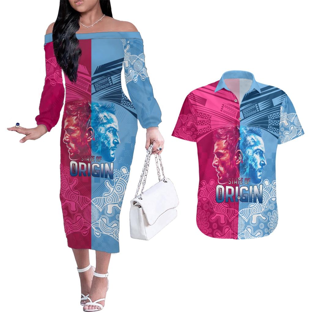 Custom New South Wales and Queensland Couples Matching Off The Shoulder Long Sleeve Dress and Hawaiian Shirt Rugby Mascot With Sporty Style