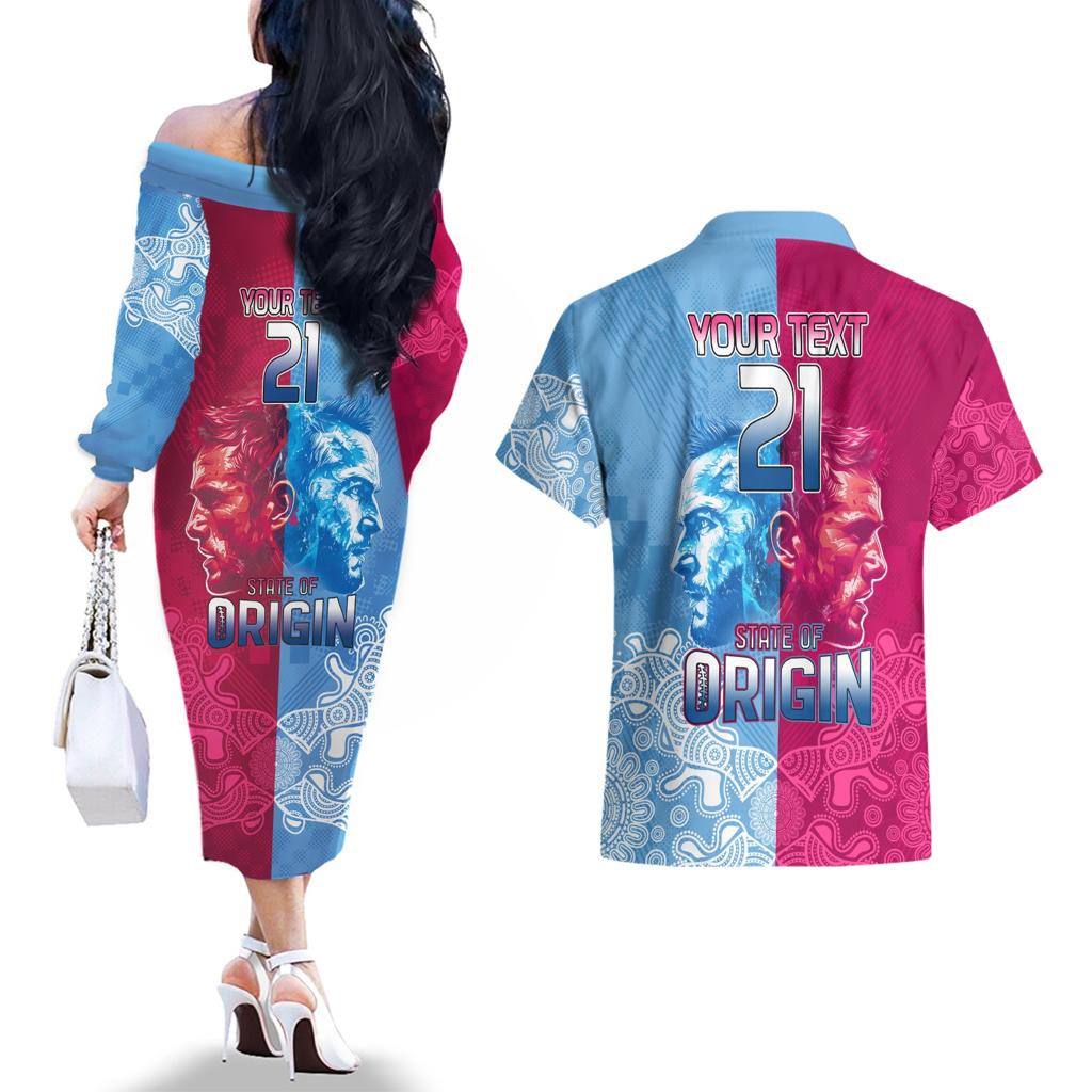 Custom New South Wales and Queensland Couples Matching Off The Shoulder Long Sleeve Dress and Hawaiian Shirt Rugby Mascot With Sporty Style
