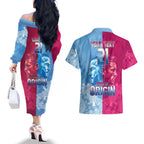 Custom New South Wales and Queensland Couples Matching Off The Shoulder Long Sleeve Dress and Hawaiian Shirt Rugby Mascot With Sporty Style
