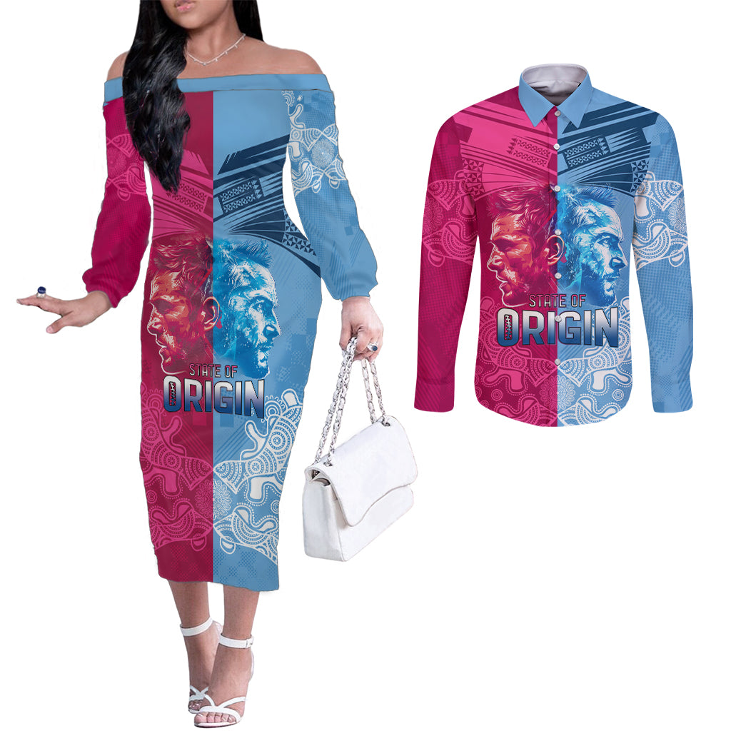 Custom New South Wales and Queensland Couples Matching Off The Shoulder Long Sleeve Dress and Long Sleeve Button Shirt Rugby Mascot With Sporty Style