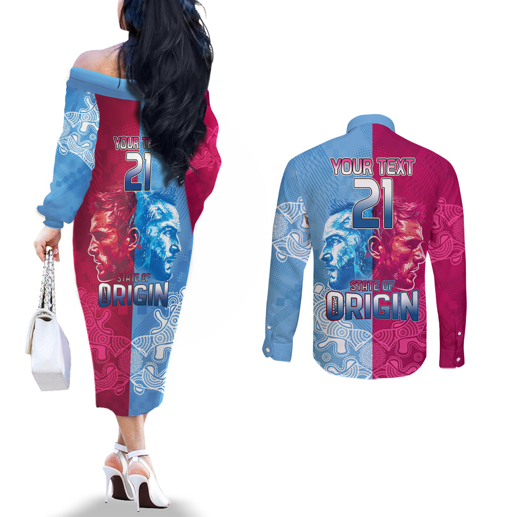 Custom New South Wales and Queensland Couples Matching Off The Shoulder Long Sleeve Dress and Long Sleeve Button Shirt Rugby Mascot With Sporty Style