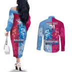 Custom New South Wales and Queensland Couples Matching Off The Shoulder Long Sleeve Dress and Long Sleeve Button Shirt Rugby Mascot With Sporty Style