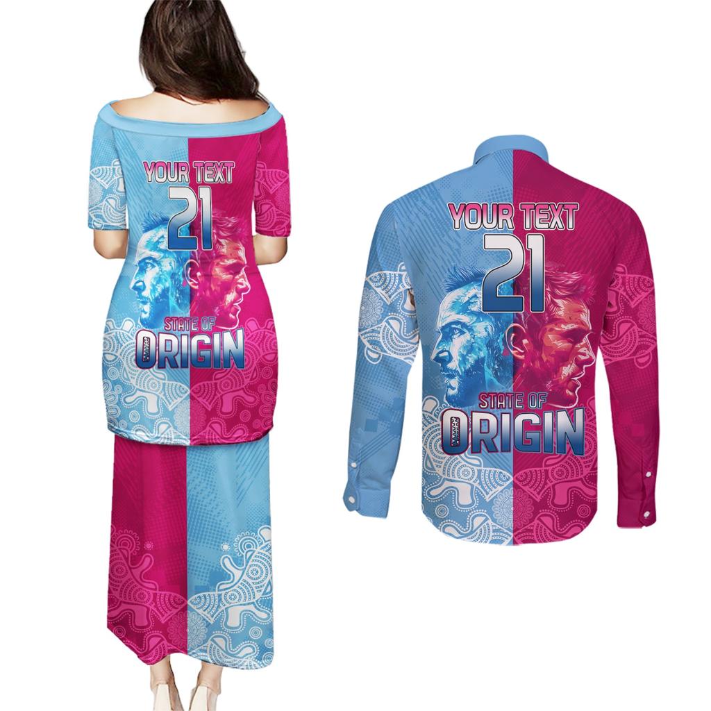 Custom New South Wales and Queensland Couples Matching Puletasi and Long Sleeve Button Shirt Rugby Mascot With Sporty Style