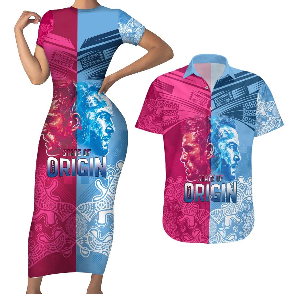 Custom New South Wales and Queensland Couples Matching Short Sleeve Bodycon Dress and Hawaiian Shirt Rugby Mascot With Sporty Style