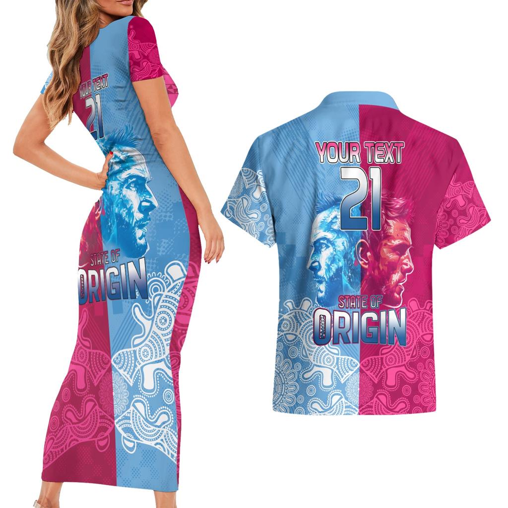 Custom New South Wales and Queensland Couples Matching Short Sleeve Bodycon Dress and Hawaiian Shirt Rugby Mascot With Sporty Style