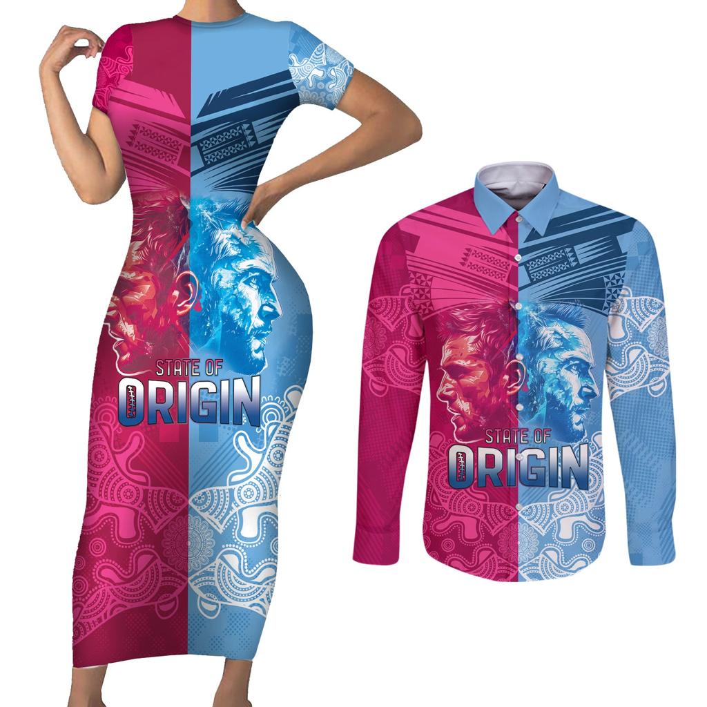 Custom New South Wales and Queensland Couples Matching Short Sleeve Bodycon Dress and Long Sleeve Button Shirt Rugby Mascot With Sporty Style