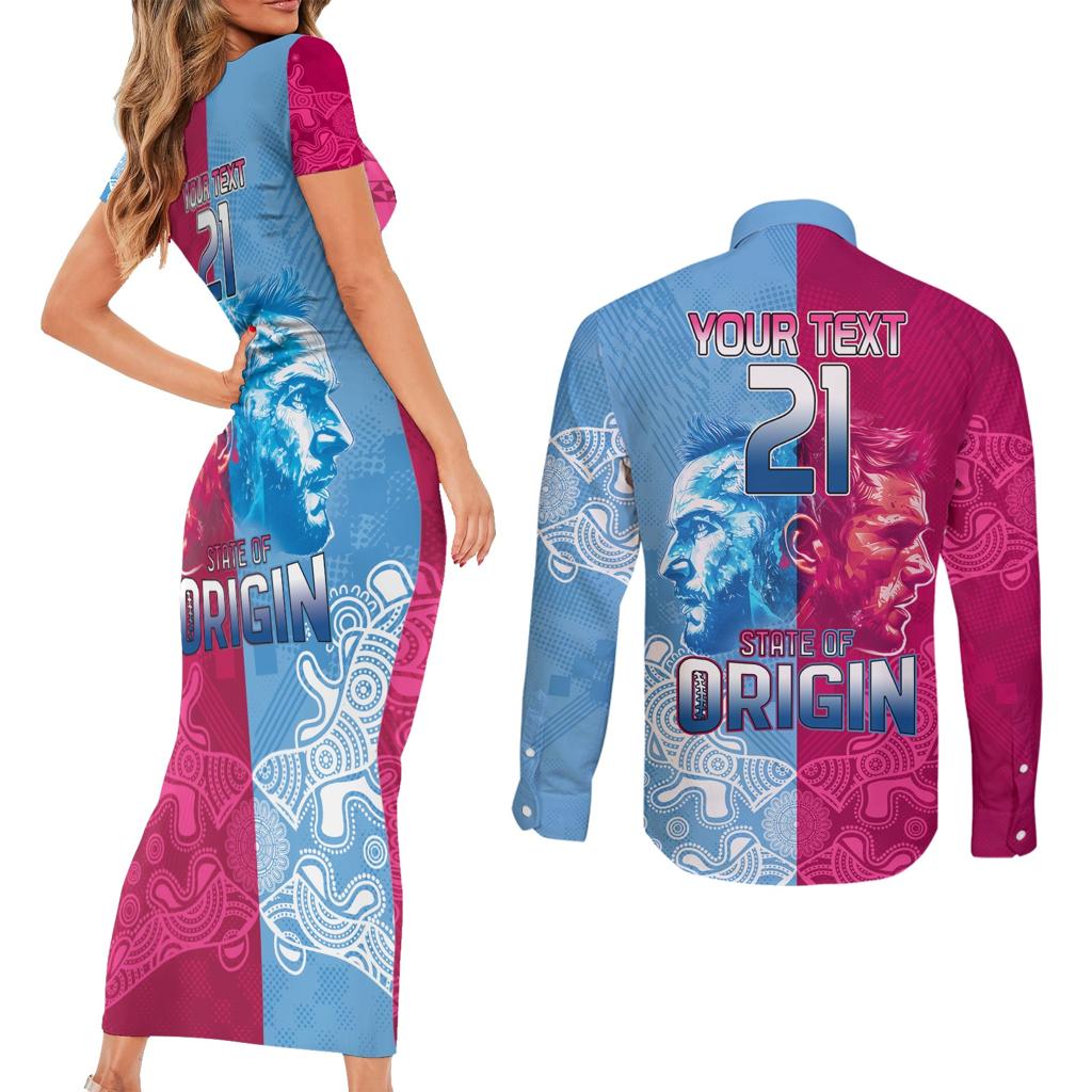 Custom New South Wales and Queensland Couples Matching Short Sleeve Bodycon Dress and Long Sleeve Button Shirt Rugby Mascot With Sporty Style