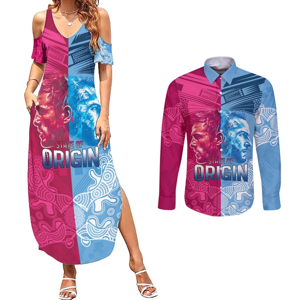 Custom New South Wales and Queensland Couples Matching Summer Maxi Dress and Long Sleeve Button Shirt Rugby Mascot With Sporty Style