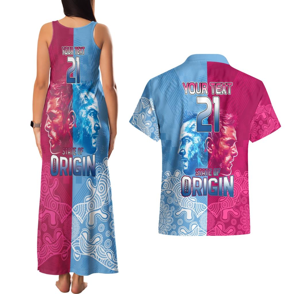 Custom New South Wales and Queensland Couples Matching Tank Maxi Dress and Hawaiian Shirt Rugby Mascot With Sporty Style