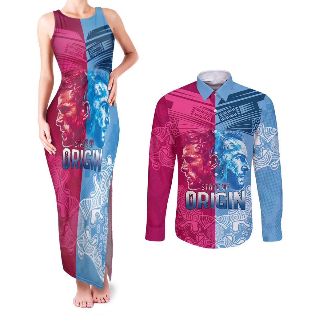 Custom New South Wales and Queensland Couples Matching Tank Maxi Dress and Long Sleeve Button Shirt Rugby Mascot With Sporty Style