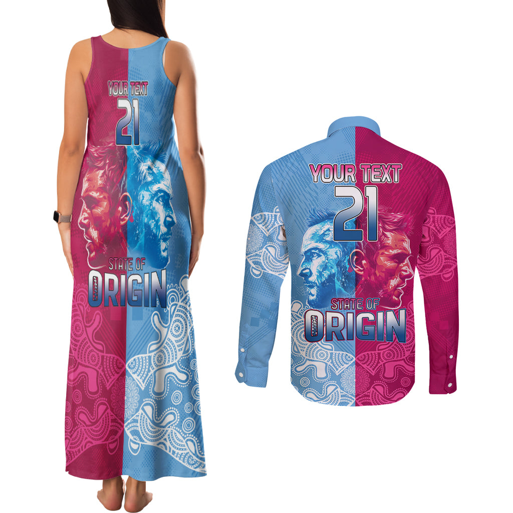 Custom New South Wales and Queensland Couples Matching Tank Maxi Dress and Long Sleeve Button Shirt Rugby Mascot With Sporty Style