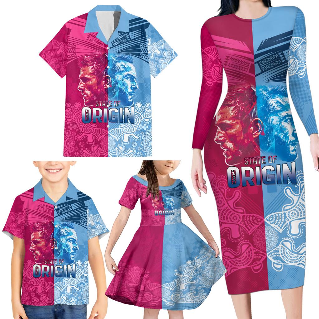 Custom New South Wales and Queensland Family Matching Long Sleeve Bodycon Dress and Hawaiian Shirt Rugby Mascot With Sporty Style
