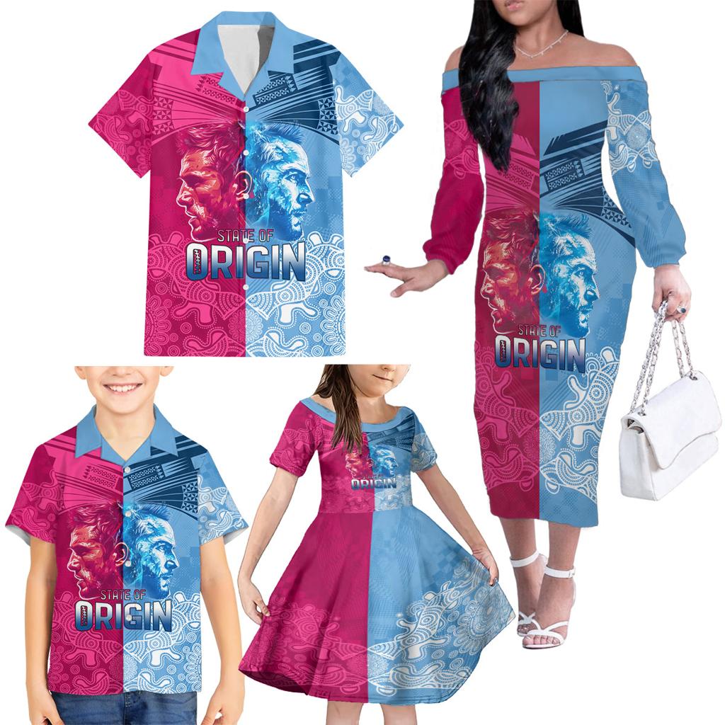 Custom New South Wales and Queensland Family Matching Off The Shoulder Long Sleeve Dress and Hawaiian Shirt Rugby Mascot With Sporty Style