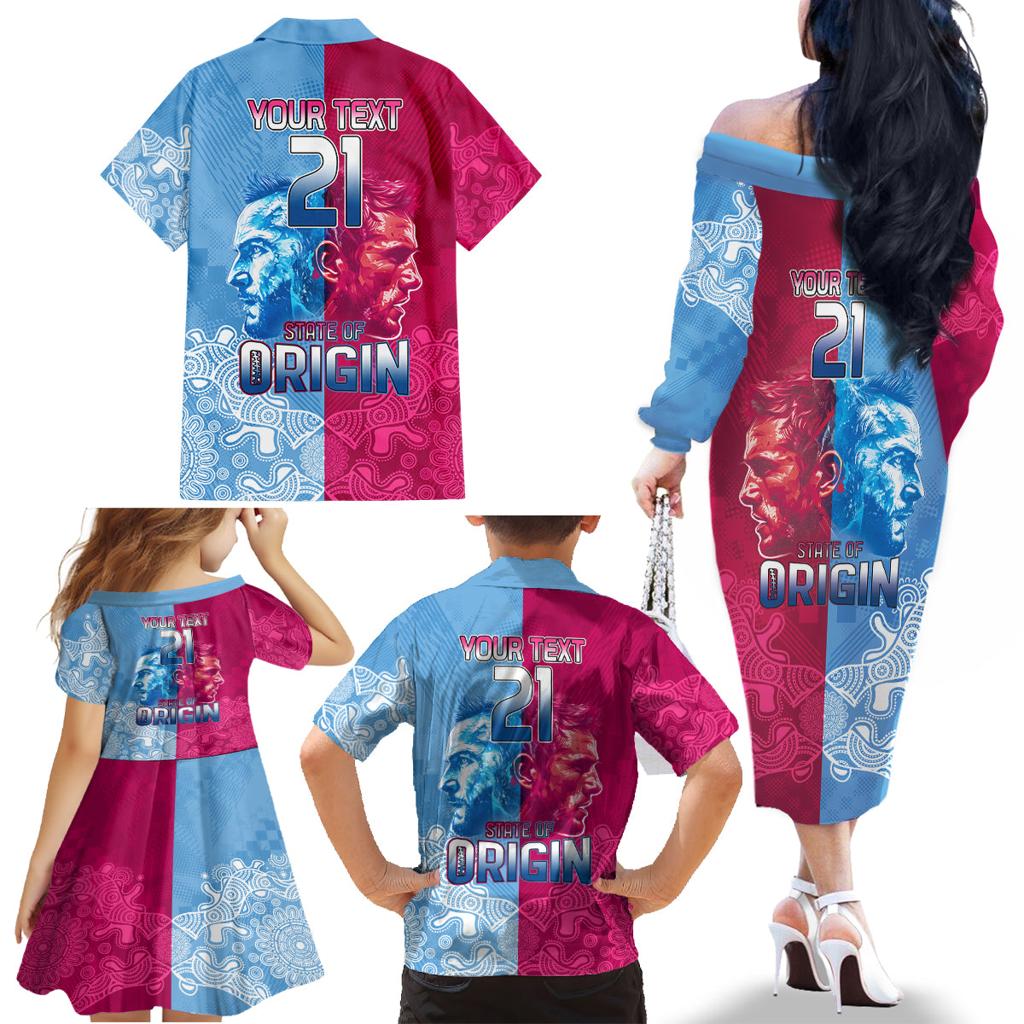 Custom New South Wales and Queensland Family Matching Off The Shoulder Long Sleeve Dress and Hawaiian Shirt Rugby Mascot With Sporty Style