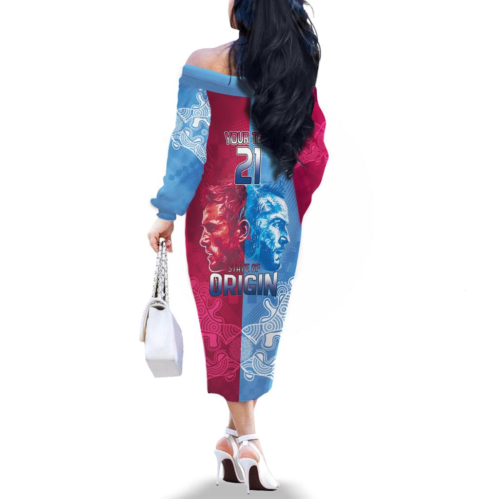 Custom New South Wales and Queensland Family Matching Off The Shoulder Long Sleeve Dress and Hawaiian Shirt Rugby Mascot With Sporty Style
