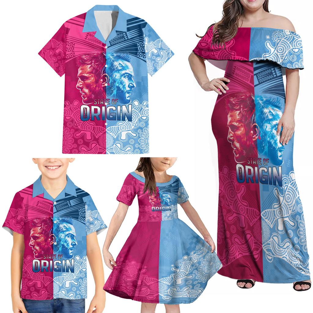 Custom New South Wales and Queensland Family Matching Off Shoulder Maxi Dress and Hawaiian Shirt Rugby Mascot With Sporty Style
