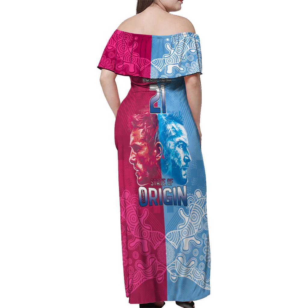 Custom New South Wales and Queensland Family Matching Off Shoulder Maxi Dress and Hawaiian Shirt Rugby Mascot With Sporty Style