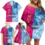 Custom New South Wales and Queensland Family Matching Off Shoulder Short Dress and Hawaiian Shirt Rugby Mascot With Sporty Style