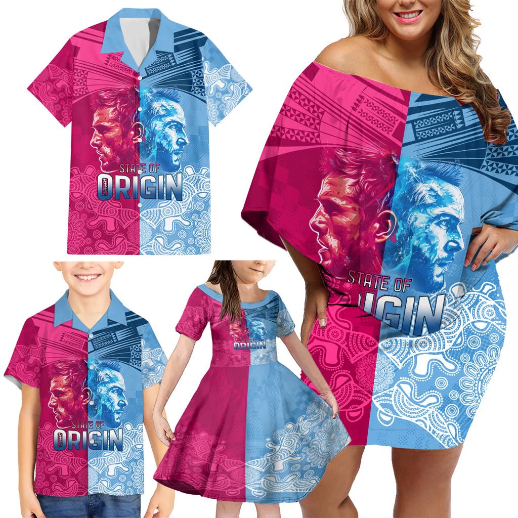 Custom New South Wales and Queensland Family Matching Off Shoulder Short Dress and Hawaiian Shirt Rugby Mascot With Sporty Style
