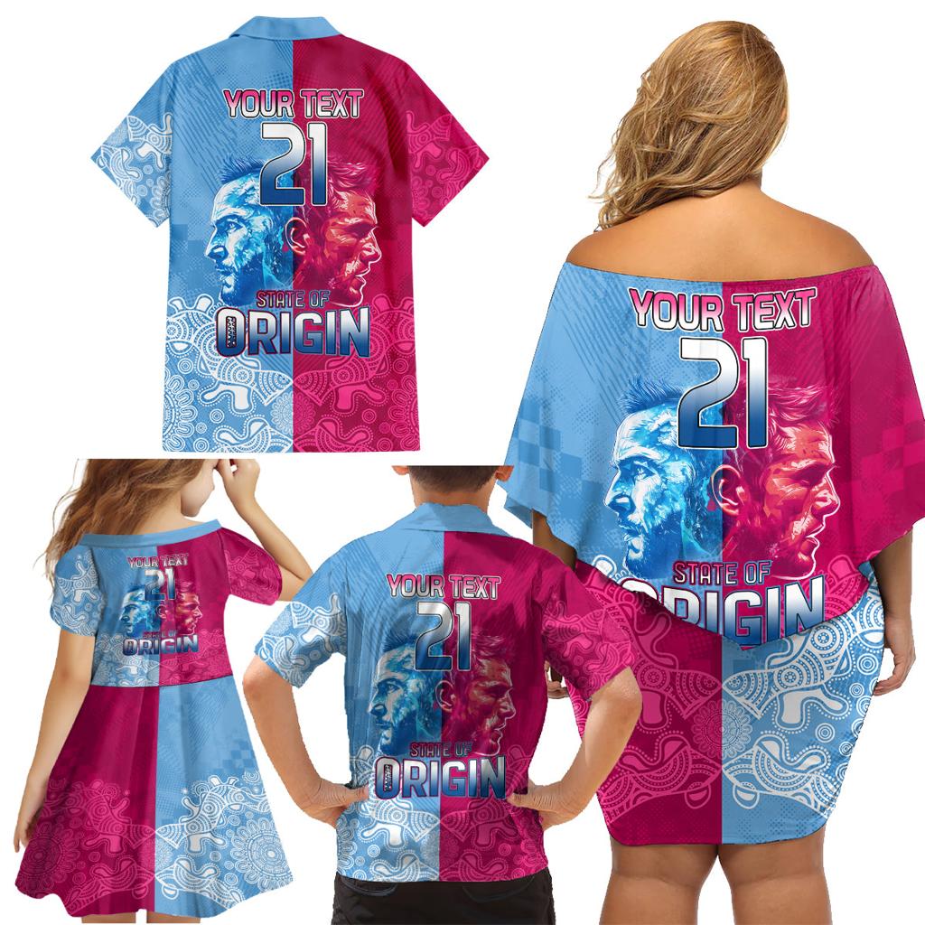 Custom New South Wales and Queensland Family Matching Off Shoulder Short Dress and Hawaiian Shirt Rugby Mascot With Sporty Style