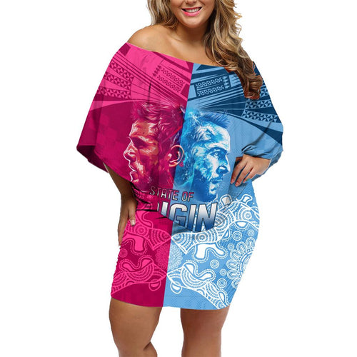 Custom New South Wales and Queensland Family Matching Off Shoulder Short Dress and Hawaiian Shirt Rugby Mascot With Sporty Style