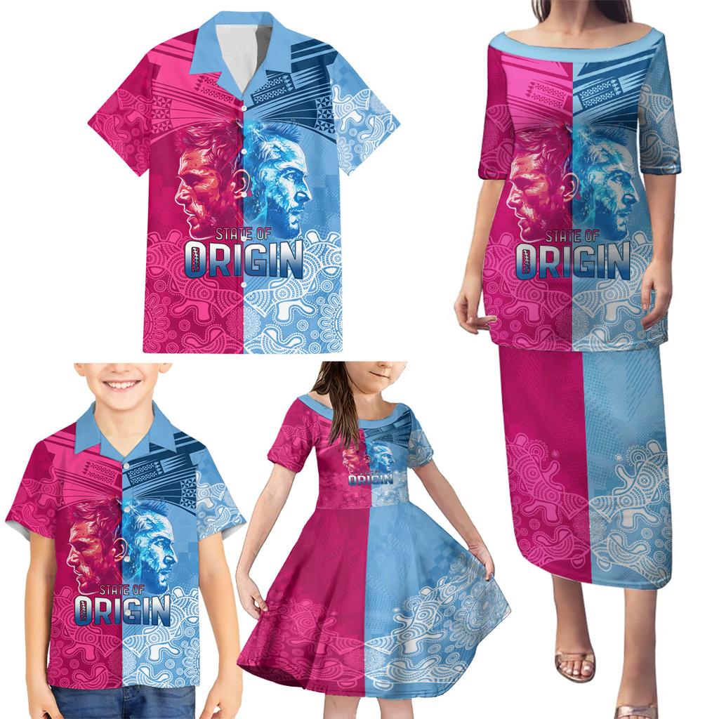 Custom New South Wales and Queensland Family Matching Puletasi and Hawaiian Shirt Rugby Mascot With Sporty Style