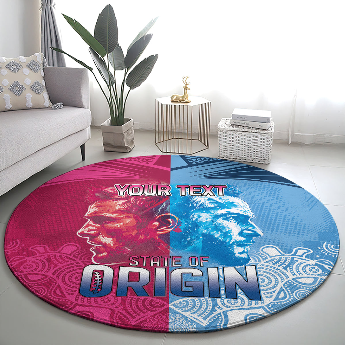 Custom New South Wales and Queensland Round Carpet Rugby Mascot With Sporty Style