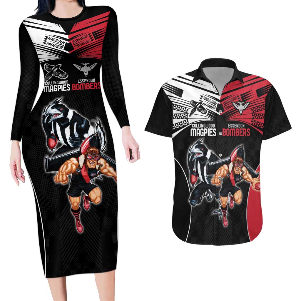 Custom Essendon and Collingwood Couples Matching Long Sleeve Bodycon Dress and Hawaiian Shirt Together Sporty Style