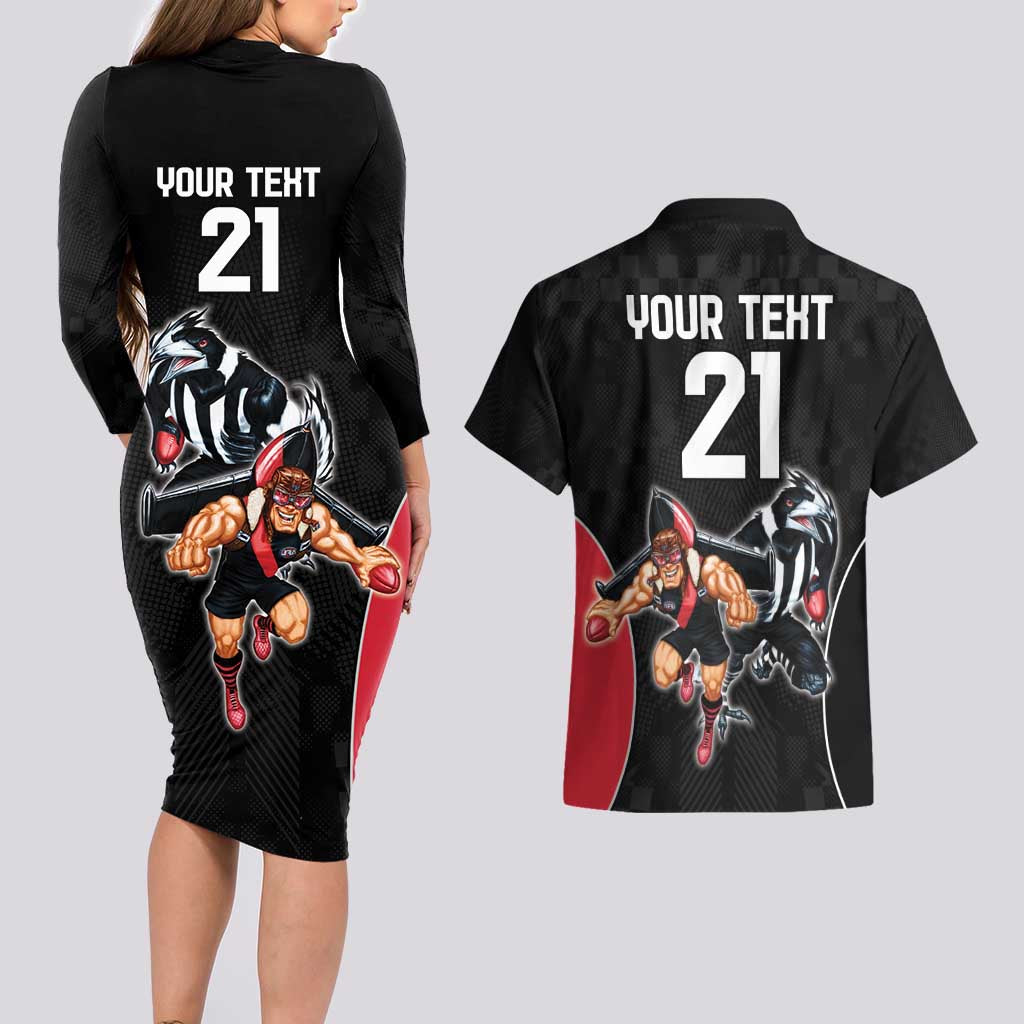 Custom Essendon and Collingwood Couples Matching Long Sleeve Bodycon Dress and Hawaiian Shirt Together Sporty Style
