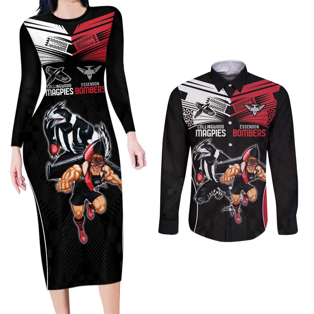 Custom Essendon and Collingwood Couples Matching Long Sleeve Bodycon Dress and Long Sleeve Button Shirt Together Sporty Style