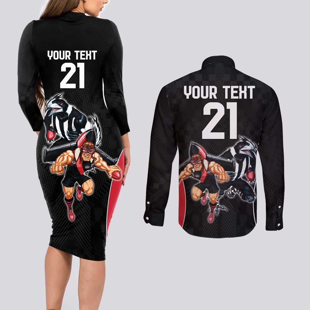 Custom Essendon and Collingwood Couples Matching Long Sleeve Bodycon Dress and Long Sleeve Button Shirt Together Sporty Style