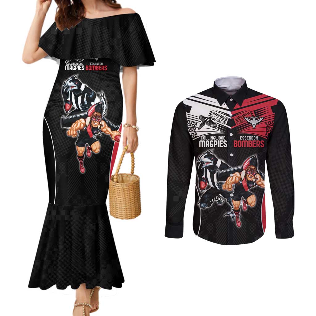 Custom Essendon and Collingwood Couples Matching Mermaid Dress and Long Sleeve Button Shirt Together Sporty Style