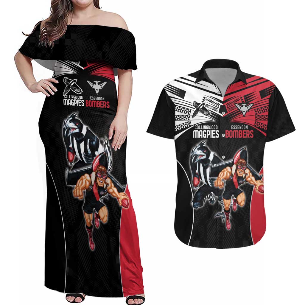 Custom Essendon and Collingwood Couples Matching Off Shoulder Maxi Dress and Hawaiian Shirt Together Sporty Style