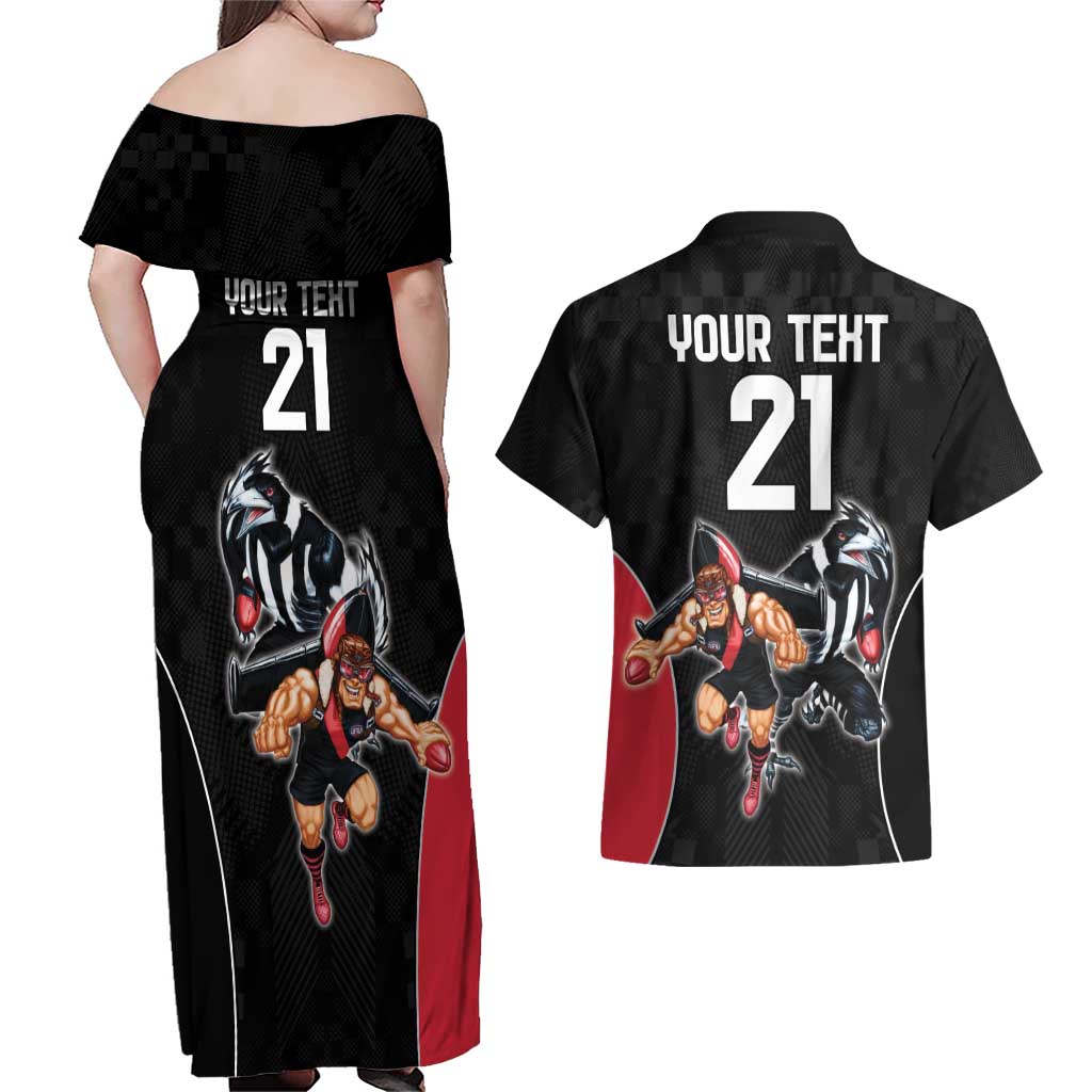 Custom Essendon and Collingwood Couples Matching Off Shoulder Maxi Dress and Hawaiian Shirt Together Sporty Style