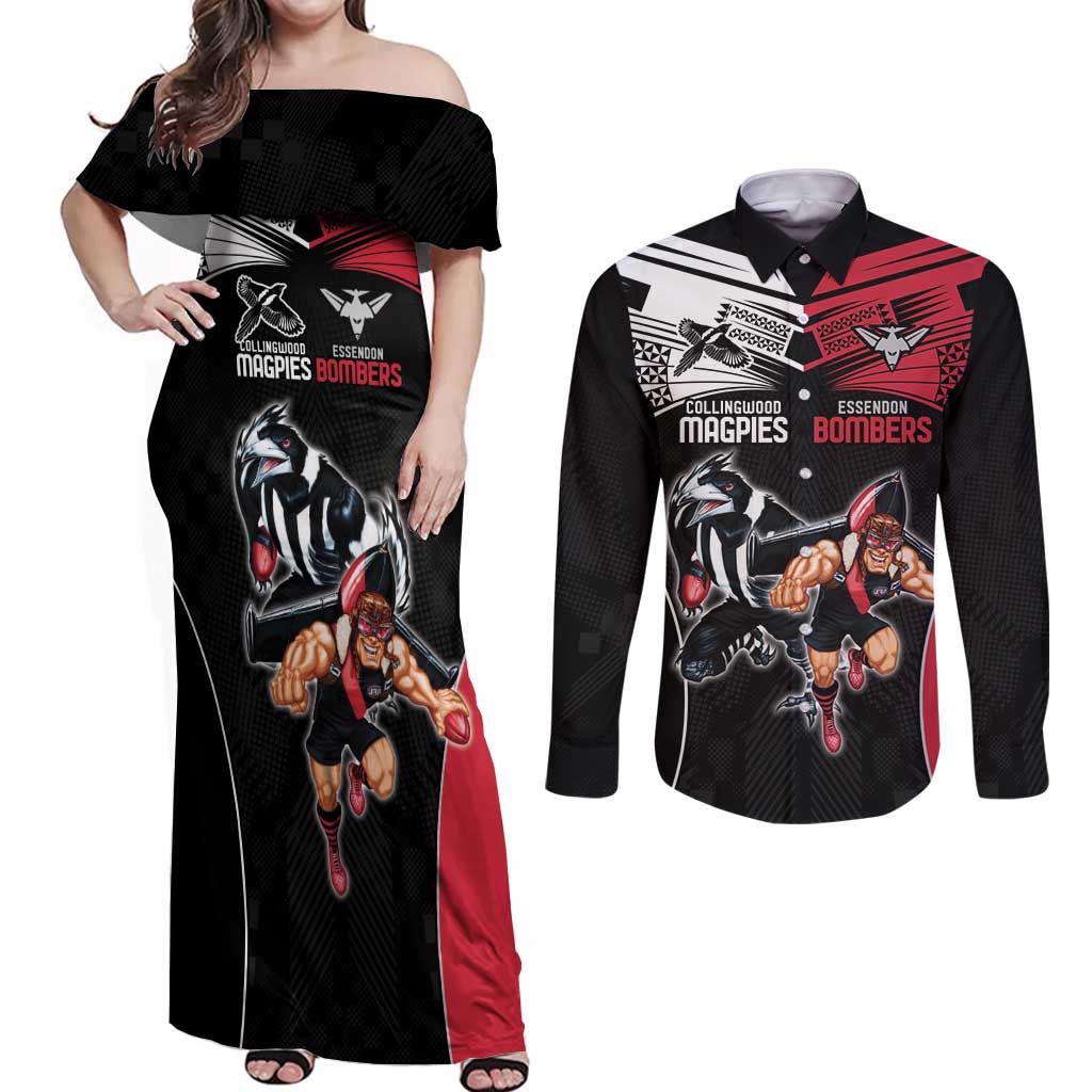 Custom Essendon and Collingwood Couples Matching Off Shoulder Maxi Dress and Long Sleeve Button Shirt Together Sporty Style