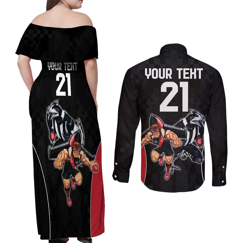 Custom Essendon and Collingwood Couples Matching Off Shoulder Maxi Dress and Long Sleeve Button Shirt Together Sporty Style