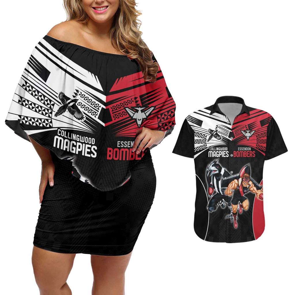 Custom Essendon and Collingwood Couples Matching Off Shoulder Short Dress and Hawaiian Shirt Together Sporty Style