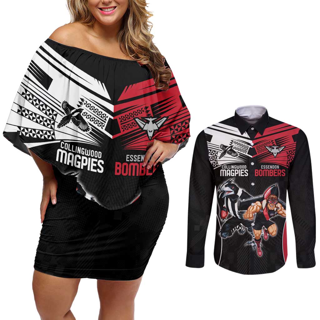 Custom Essendon and Collingwood Couples Matching Off Shoulder Short Dress and Long Sleeve Button Shirt Together Sporty Style