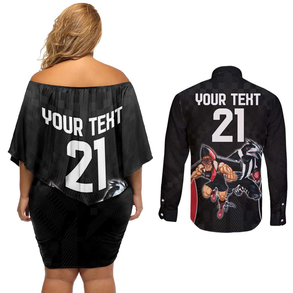 Custom Essendon and Collingwood Couples Matching Off Shoulder Short Dress and Long Sleeve Button Shirt Together Sporty Style