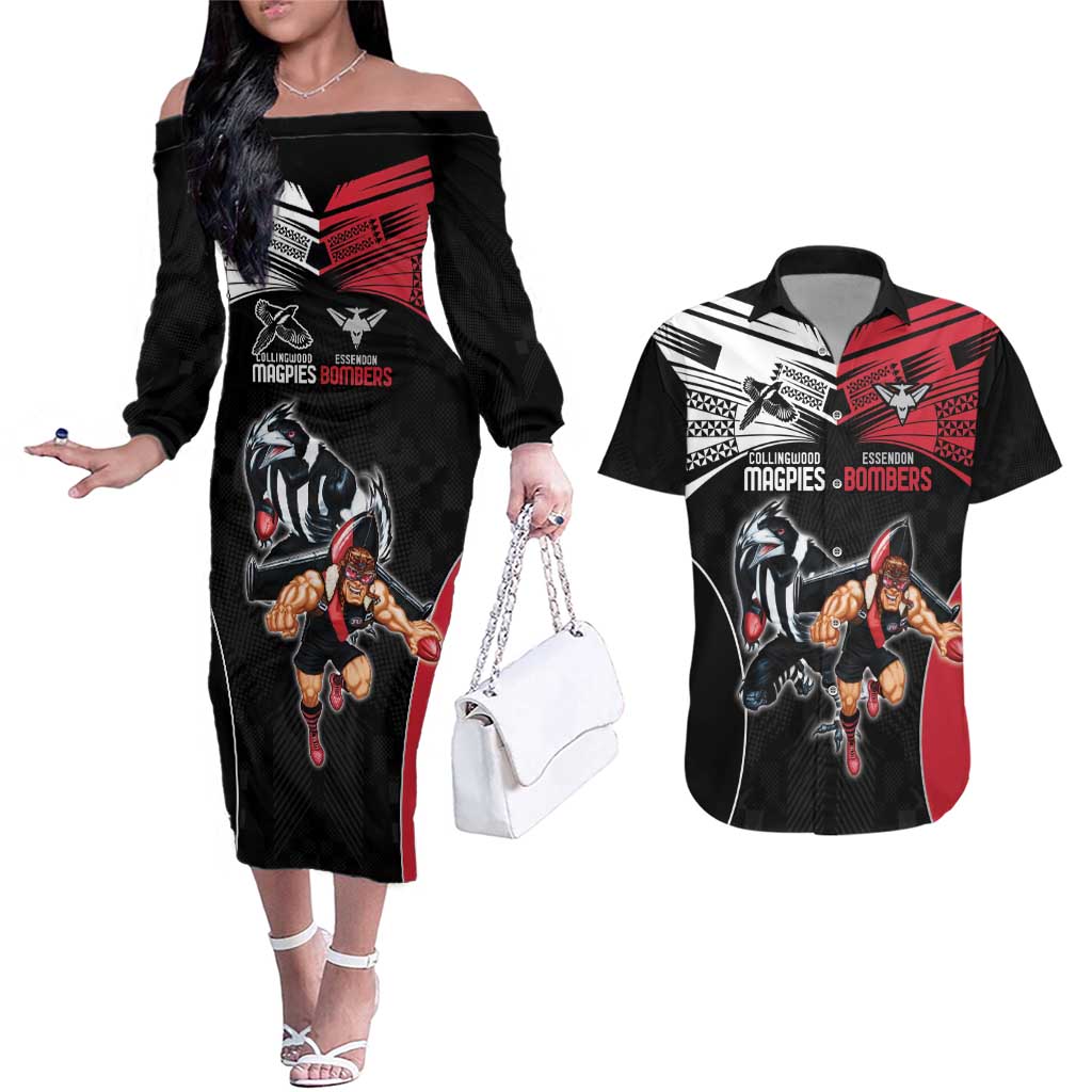 Custom Essendon and Collingwood Couples Matching Off The Shoulder Long Sleeve Dress and Hawaiian Shirt Together Sporty Style