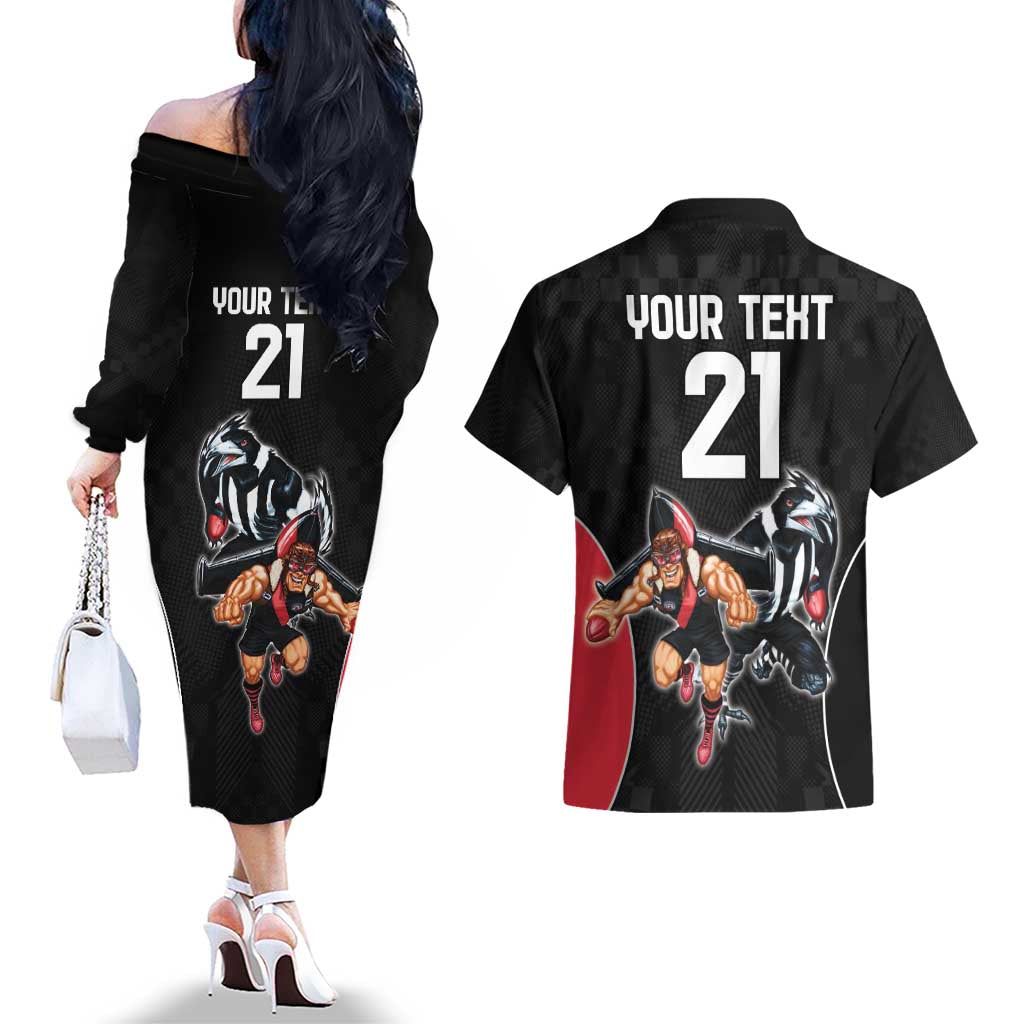 Custom Essendon and Collingwood Couples Matching Off The Shoulder Long Sleeve Dress and Hawaiian Shirt Together Sporty Style