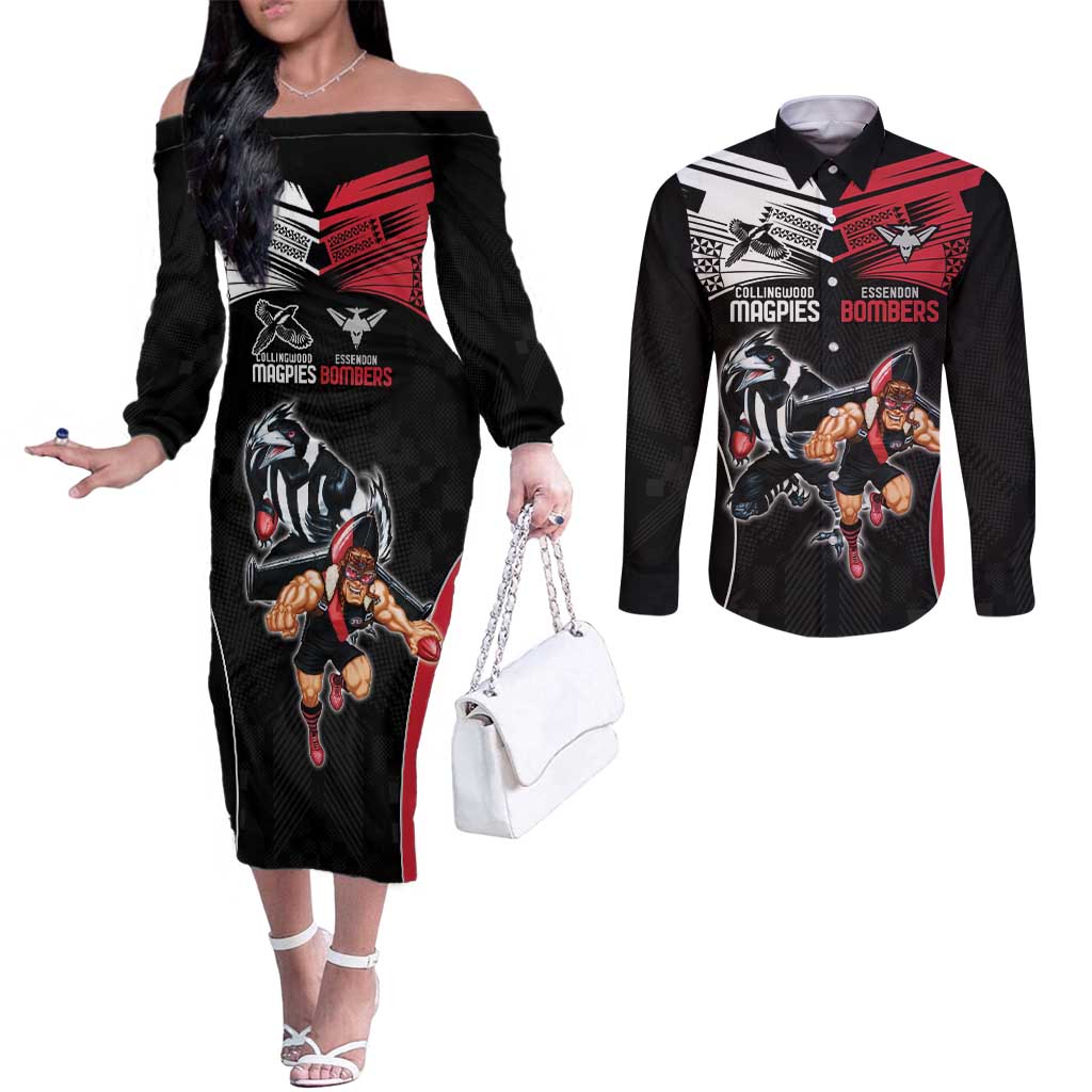 Custom Essendon and Collingwood Couples Matching Off The Shoulder Long Sleeve Dress and Long Sleeve Button Shirt Together Sporty Style