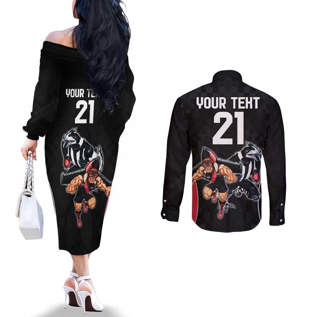 Custom Essendon and Collingwood Couples Matching Off The Shoulder Long Sleeve Dress and Long Sleeve Button Shirt Together Sporty Style