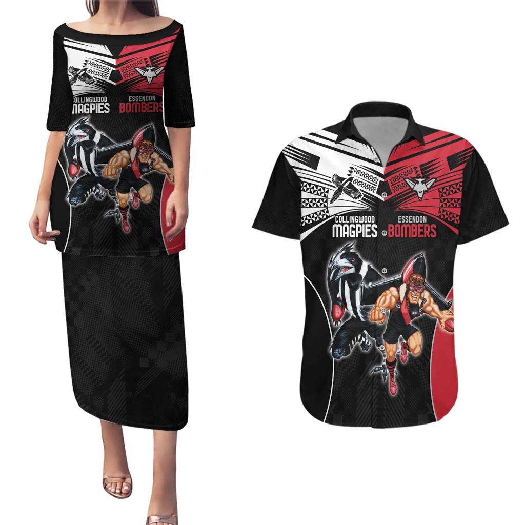 Custom Essendon and Collingwood Couples Matching Puletasi and Hawaiian Shirt Together Sporty Style