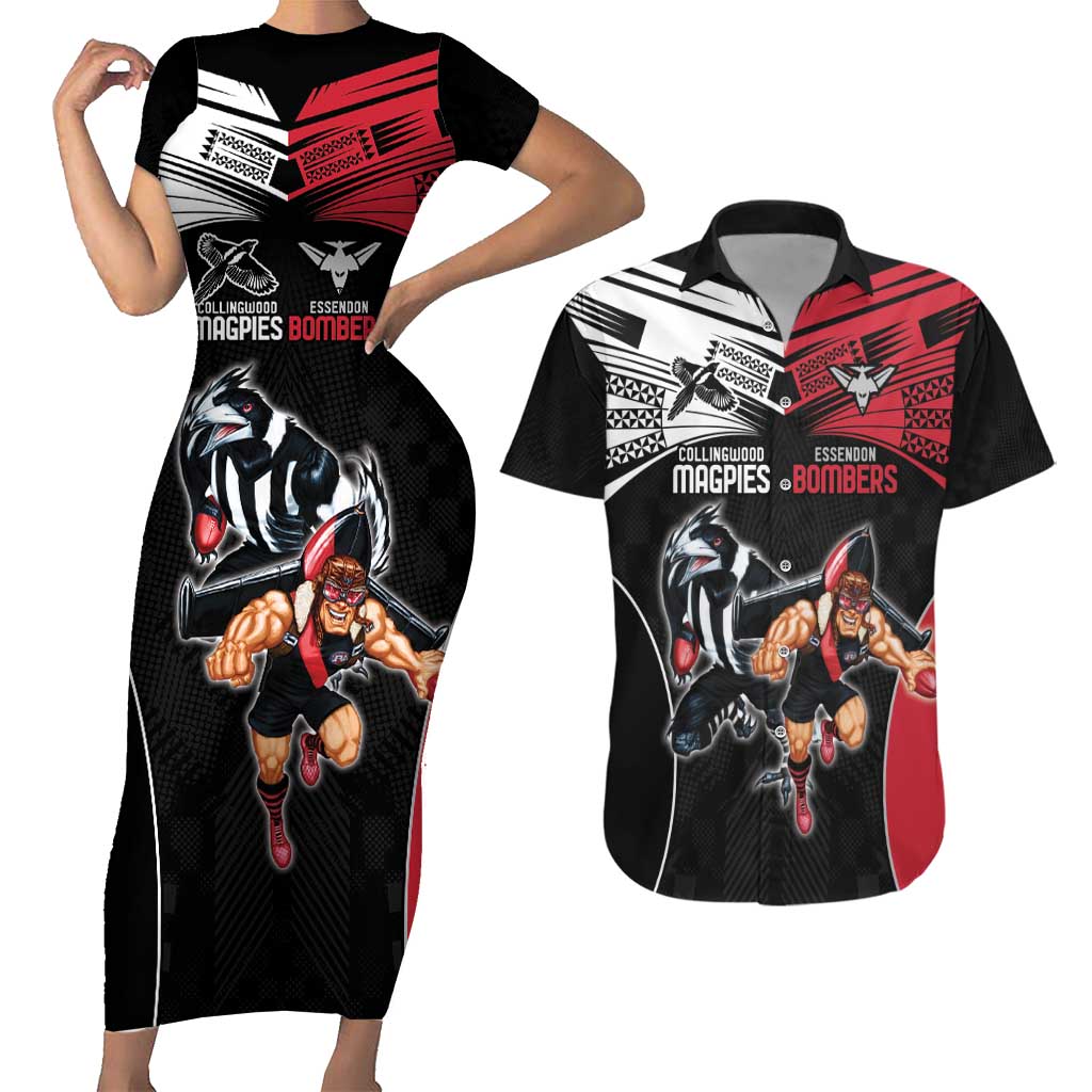 Custom Essendon and Collingwood Couples Matching Short Sleeve Bodycon Dress and Hawaiian Shirt Together Sporty Style
