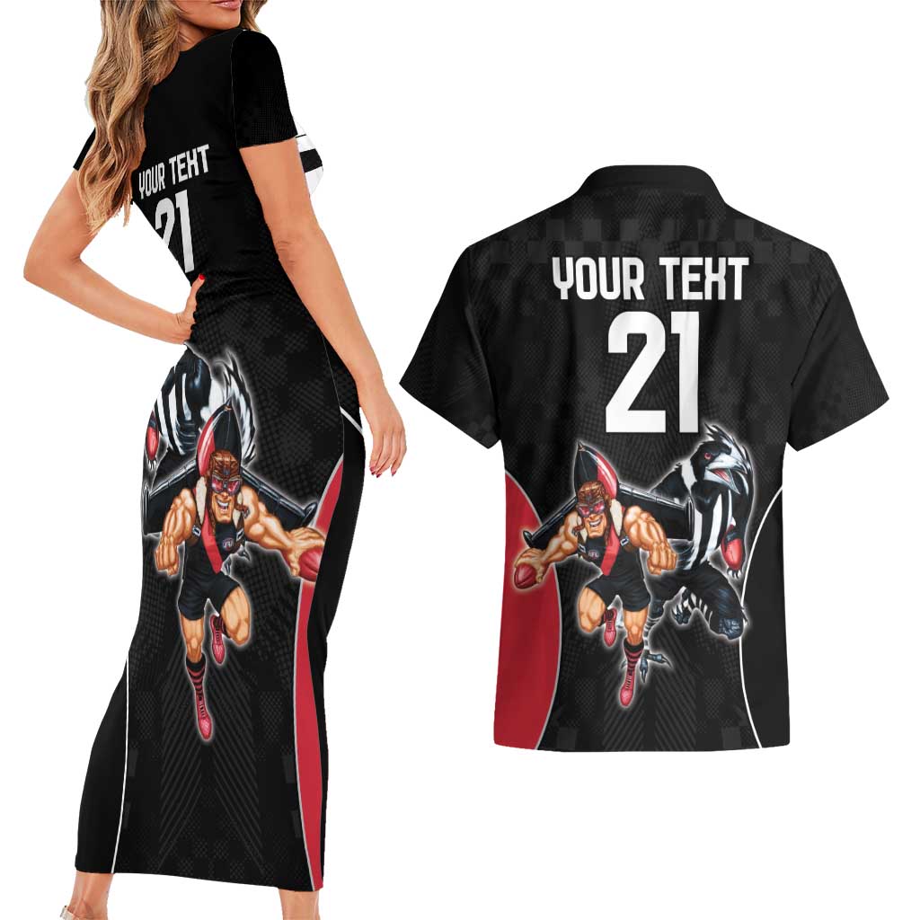 Custom Essendon and Collingwood Couples Matching Short Sleeve Bodycon Dress and Hawaiian Shirt Together Sporty Style